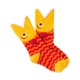 orange and yellow crew socks with red and orange wave pattern. cartoon piranha design with big eye and sharp white teeth.   