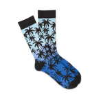 Pair of crew socks with a blue and black ombre gradient and silhouette palm tree design.