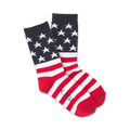 A pair of American flag crew socks in red, white, and navy blue. The top features white stars on a navy background, followed by the flag's stripes.