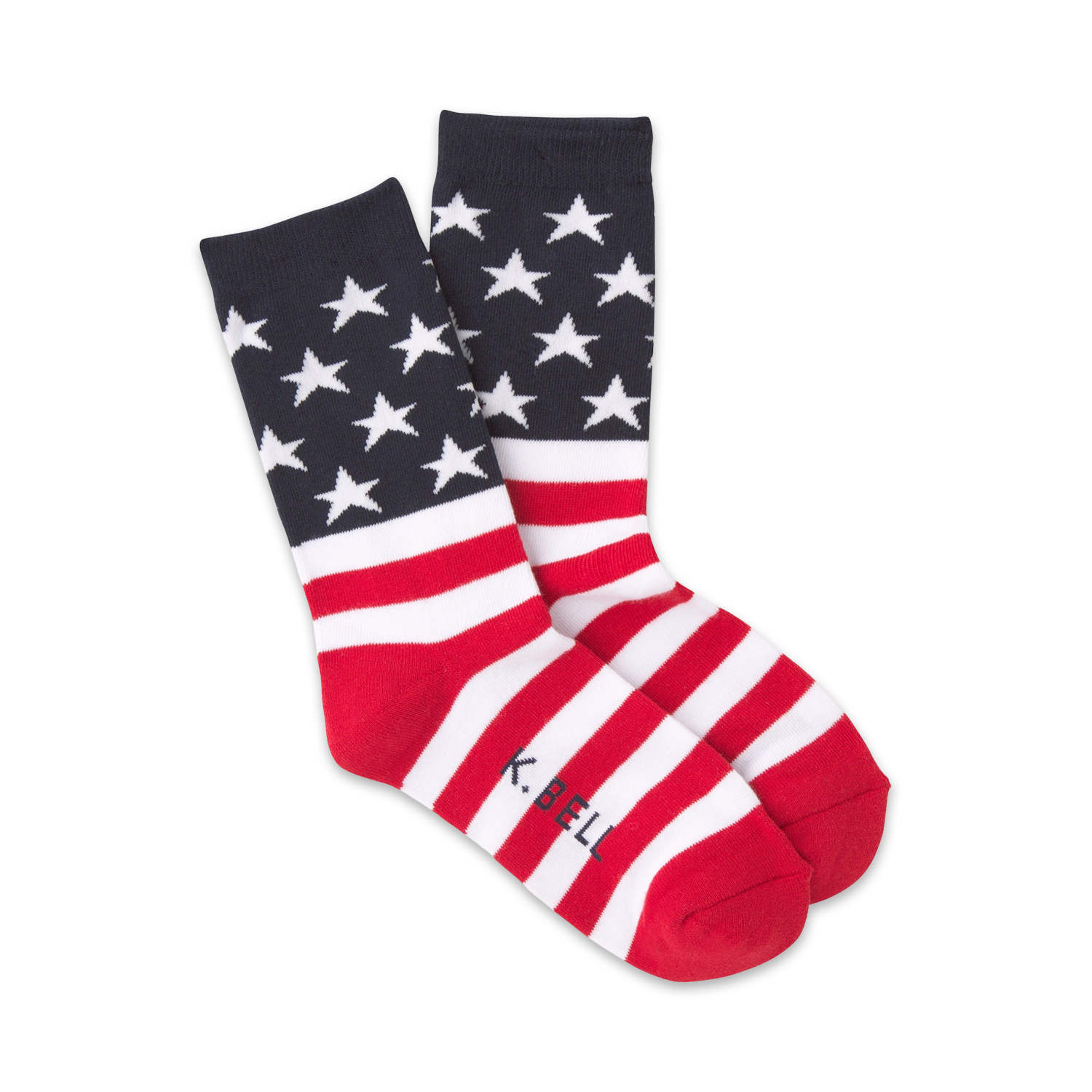A pair of American flag crew socks in red, white, and navy blue. The top features white stars on a navy background, followed by the flag's stripes.