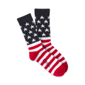 Pair of American flag crew socks.  Red and white stripes with a blue star-spangled top.