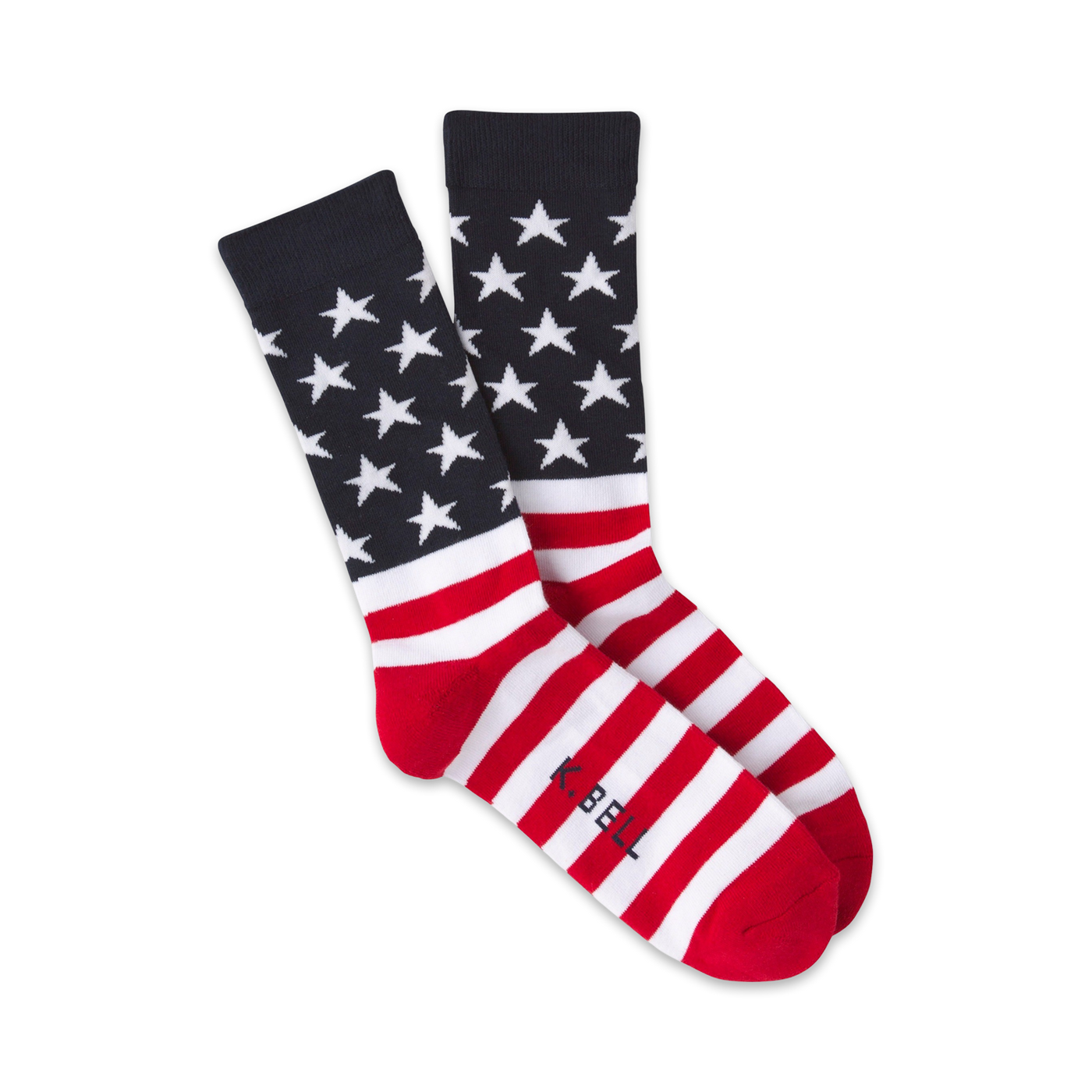 Pair of American flag crew socks.  Red and white stripes with a blue star-spangled top.