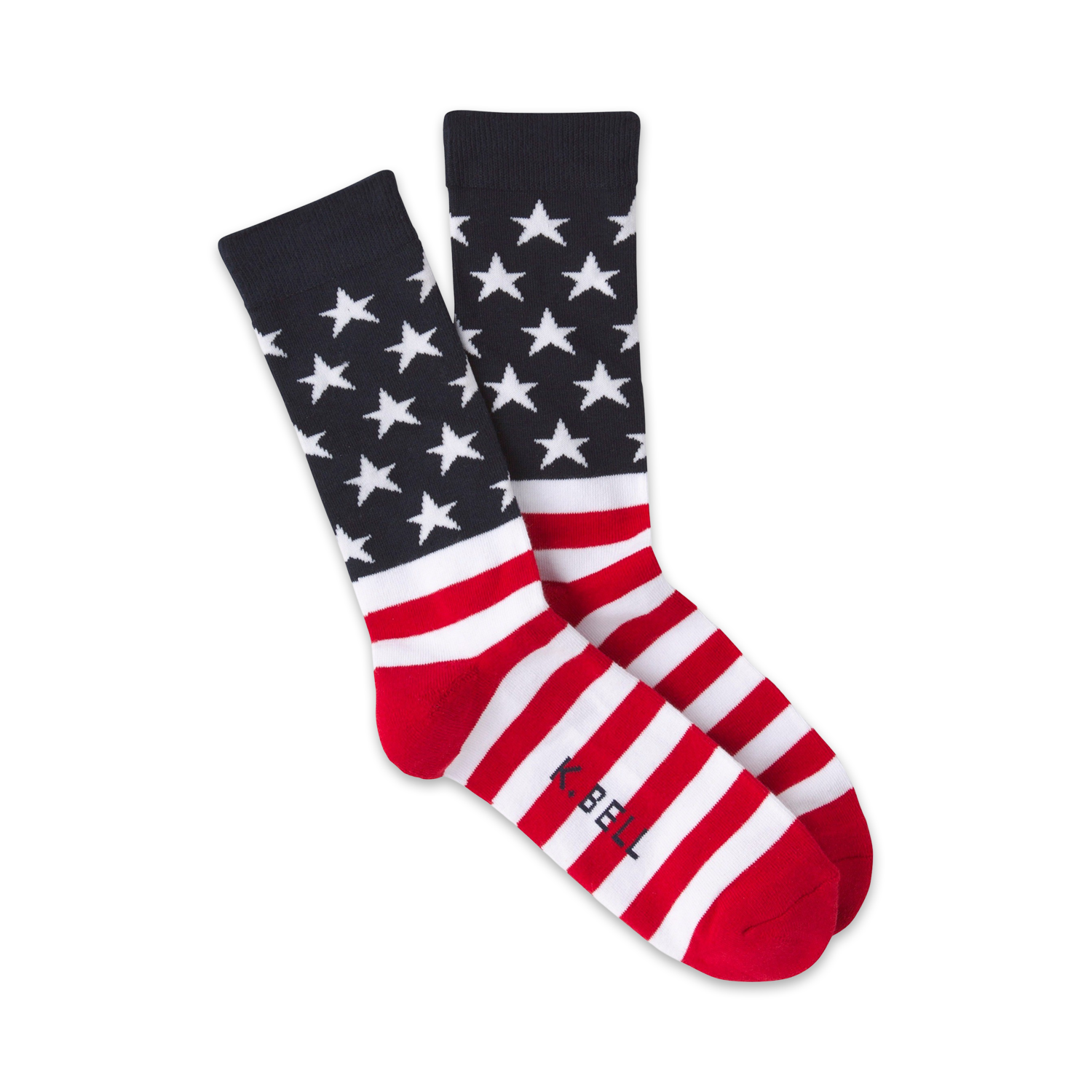 Pair of American flag crew socks.  Red and white stripes with a blue star-spangled top.