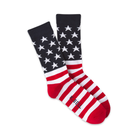 red, white, and blue striped toe and heel, blue background with white stars in the leg, crew length, made in usa.  