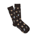 Pair of dark brown crew socks adorned with a repeated pattern of illustrated cocktails: martinis and old-fashioned glasses. 