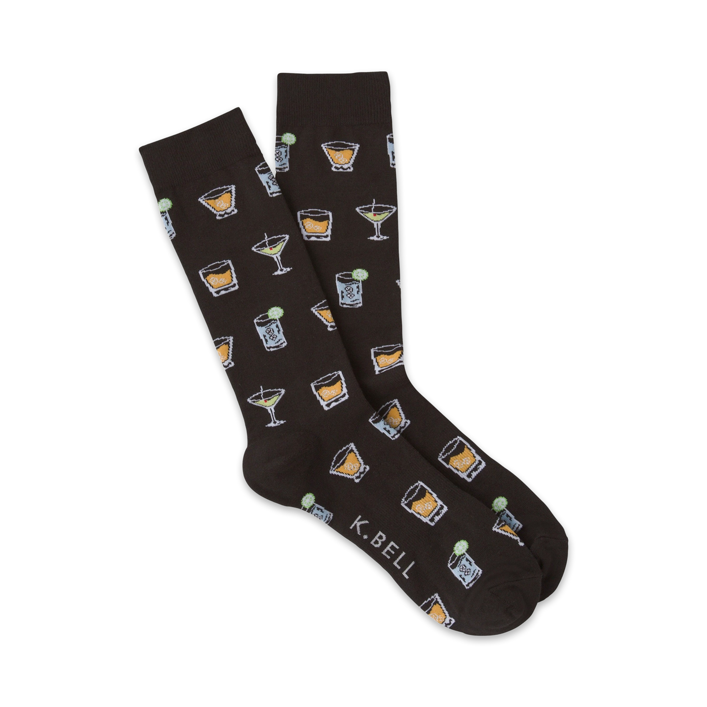 Pair of dark brown crew socks adorned with a repeated pattern of illustrated cocktails: martinis and old-fashioned glasses. 