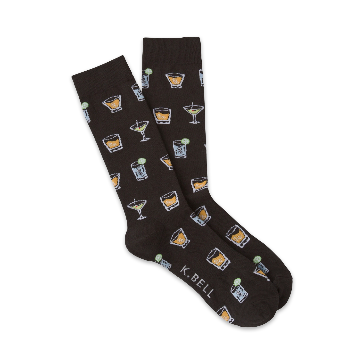 Pair of dark brown crew socks adorned with a repeated pattern of illustrated cocktails: martinis and old-fashioned glasses. 