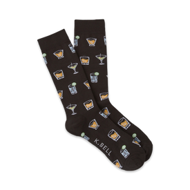 crew-length brown socks with cartoon cocktail pattern including martini, margarita, daiquiri, and whiskey sour.  