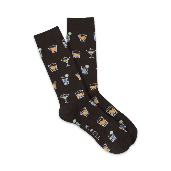 crew-length brown socks with cartoon cocktail pattern including martini, margarita, daiquiri, and whiskey sour.   }}