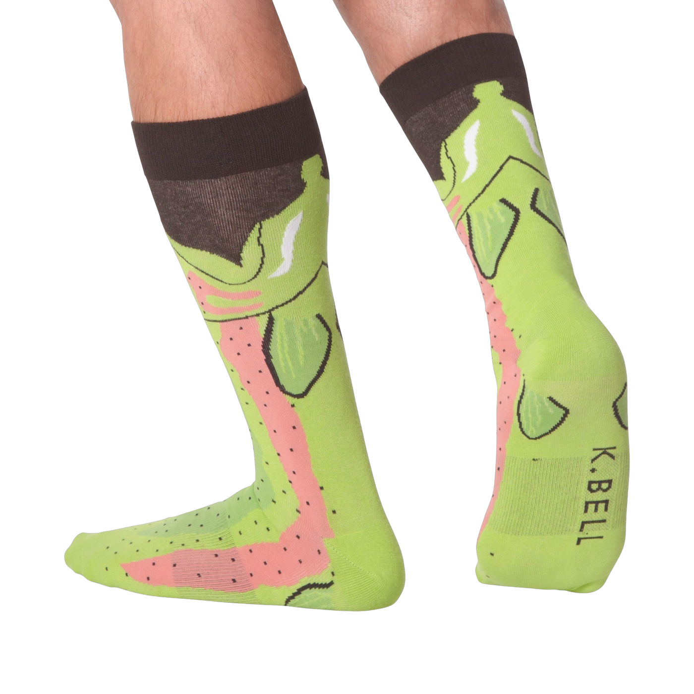 Lifestyle shot showing the Leg Eater Trout socks on a person's legs.