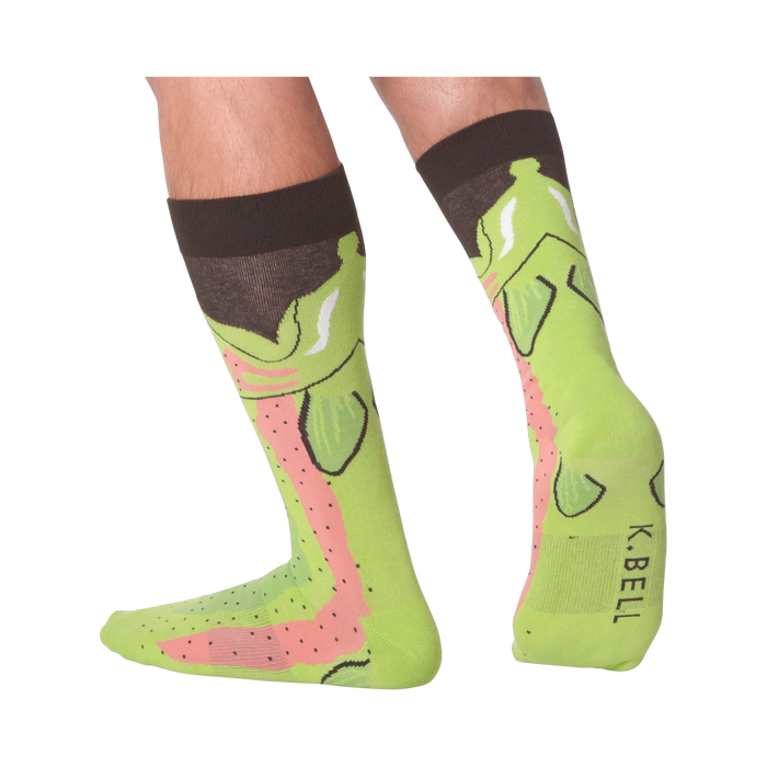 Lifestyle shot showing the Leg Eater Trout socks on a person's legs.