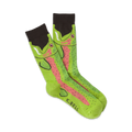 Pair of lime green crew socks with a whimsical trout design.  Dark brown cuff, pink and lime green fish illustration.