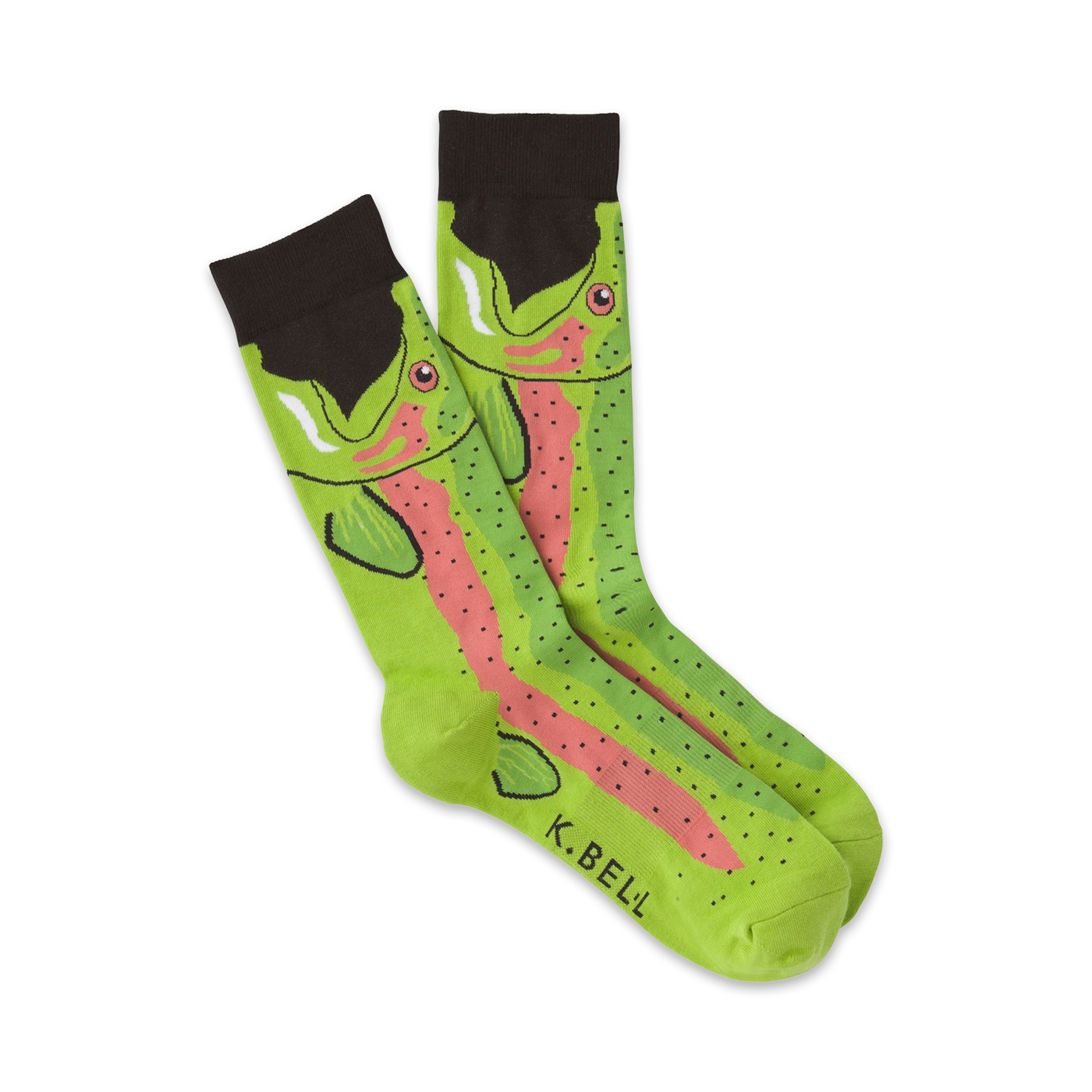 Pair of lime green crew socks with a whimsical trout design.  Dark brown cuff, pink and lime green fish illustration.