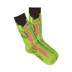 Pair of lime green crew socks with a whimsical trout design.  Dark brown cuff, pink and lime green fish illustration.