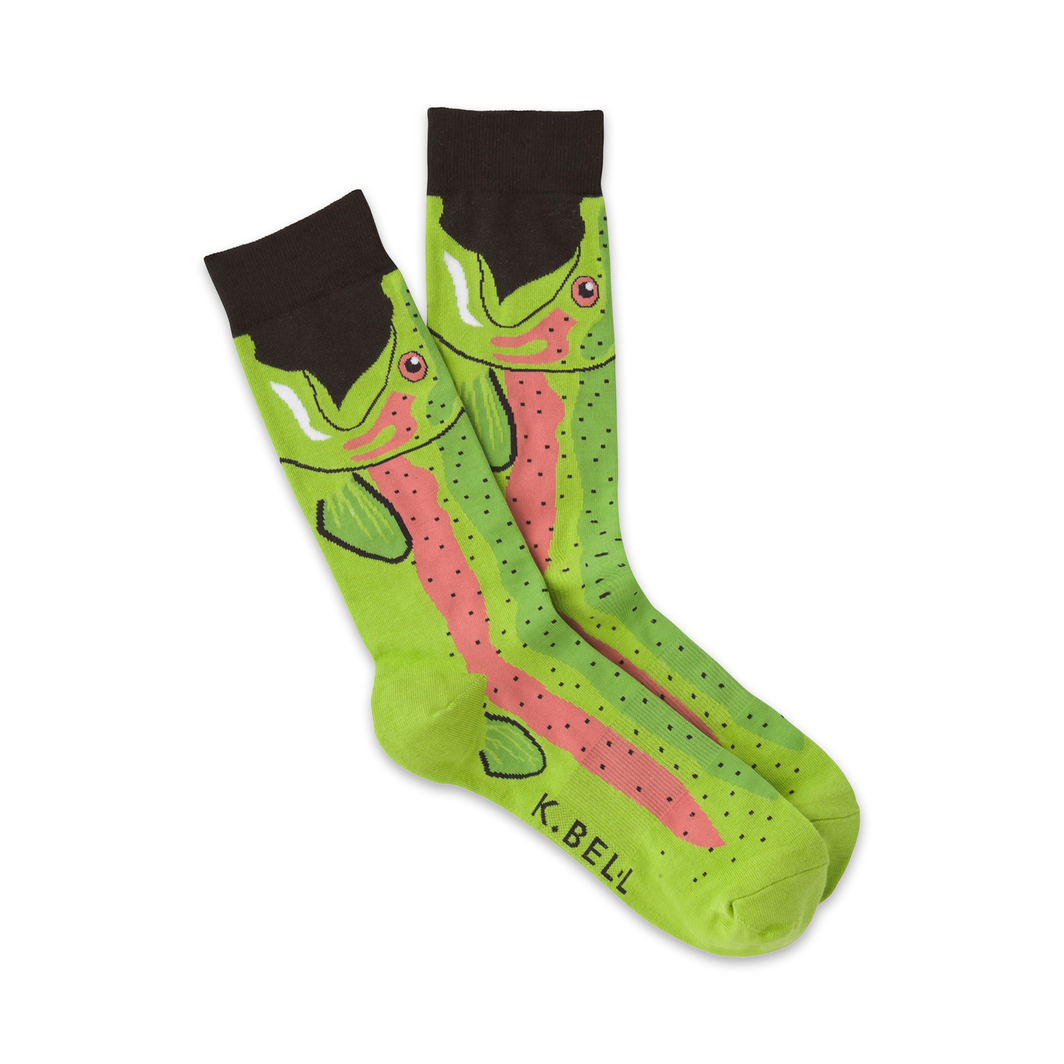 Pair of lime green crew socks with a whimsical trout design.  Dark brown cuff, pink and lime green fish illustration.