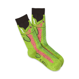 green crew socks with pink mouthed, black eyed trout pattern for men.  