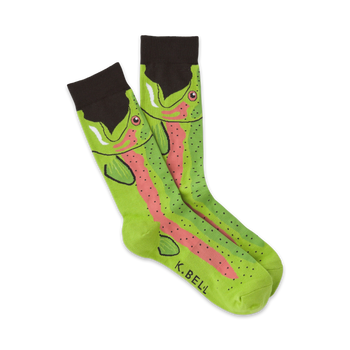 green crew socks with pink mouthed, black eyed trout pattern for men.  