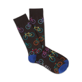 Pair of brown crew socks with colorful bicycle designs. Blue cuffs. 