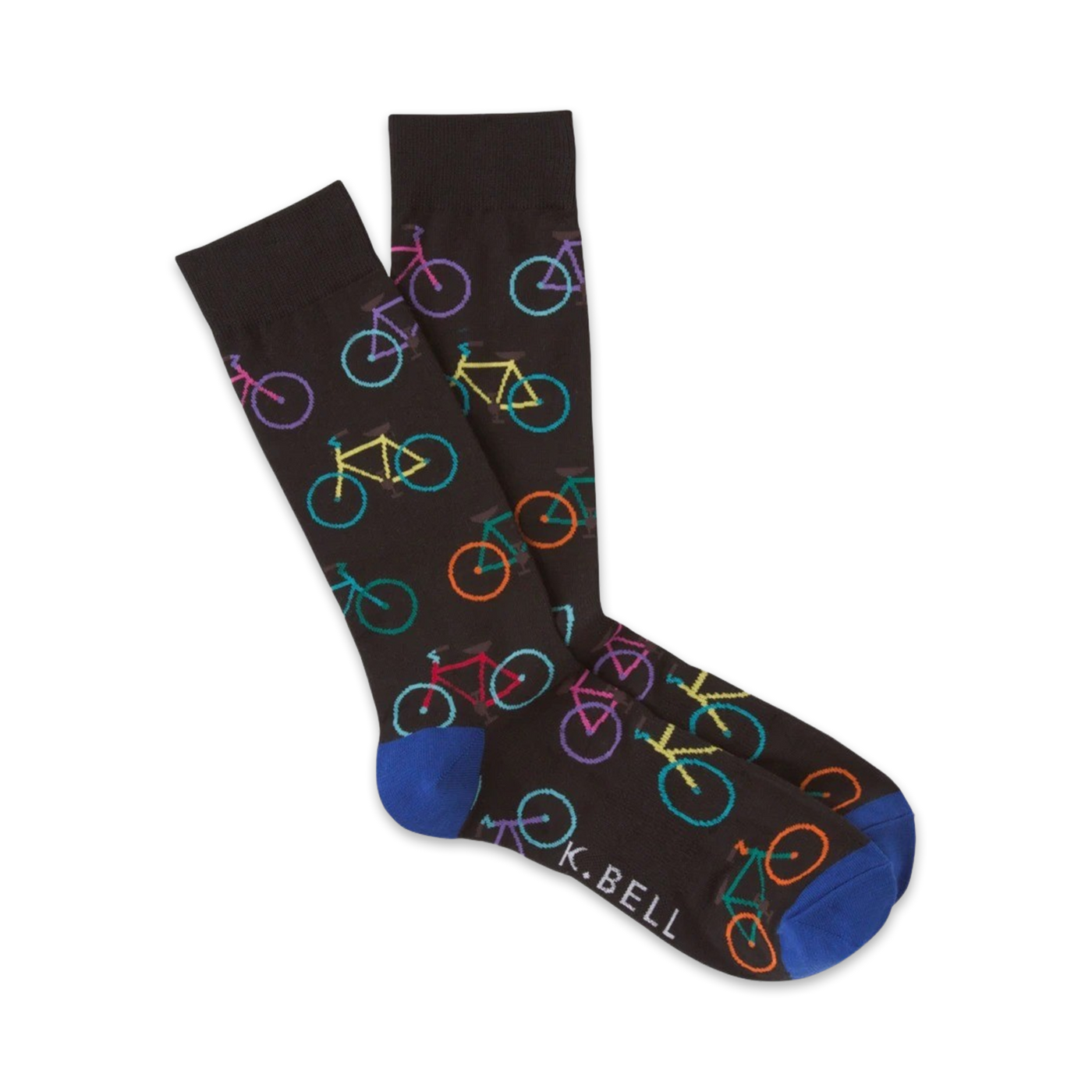 Pair of brown crew socks with colorful bicycle designs. Blue cuffs. 