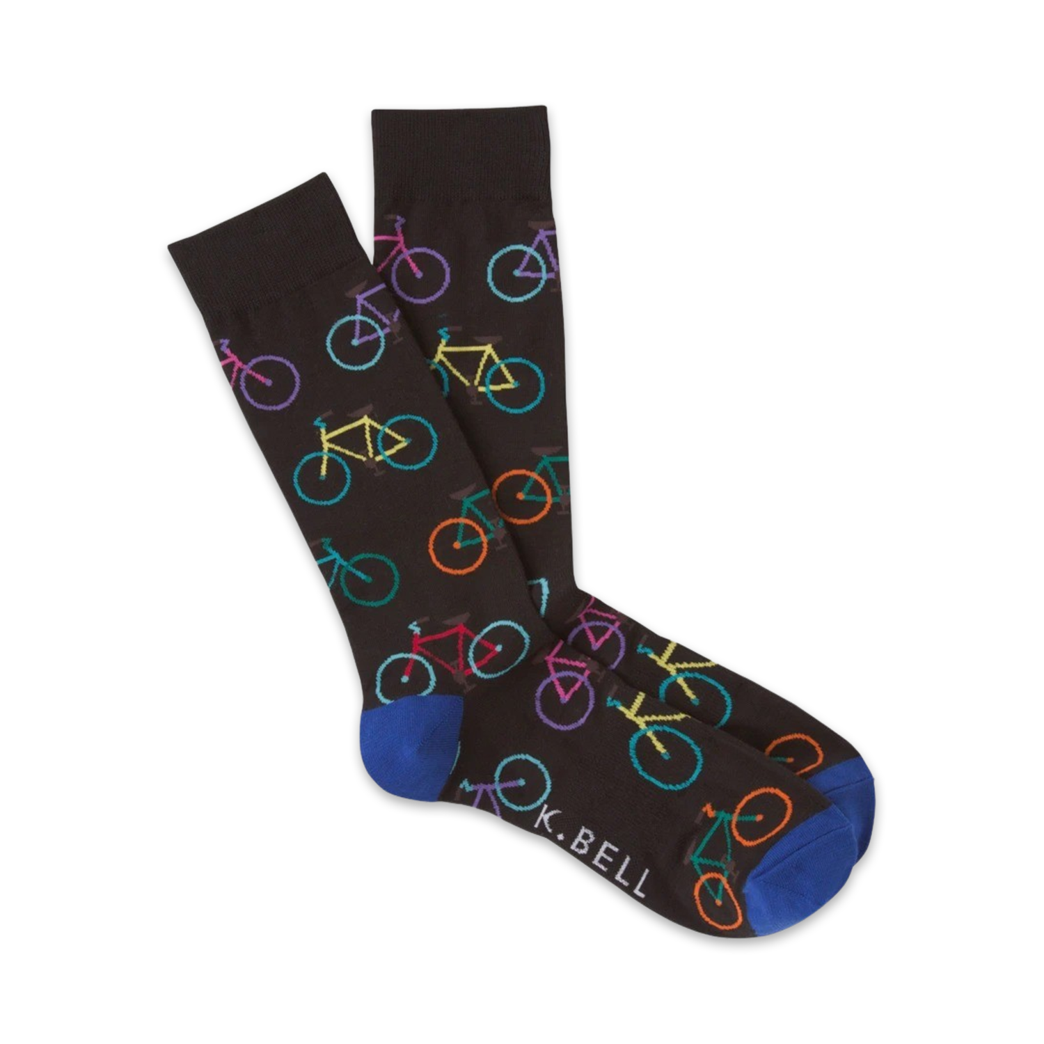 Pair of brown crew socks with colorful bicycle designs. Blue cuffs. 