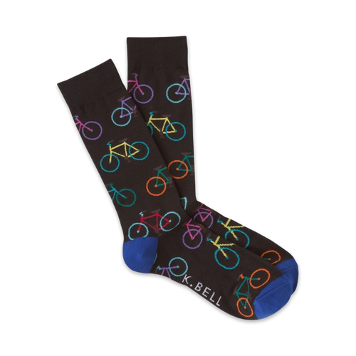 Pair of brown crew socks with colorful bicycle designs. Blue cuffs. 