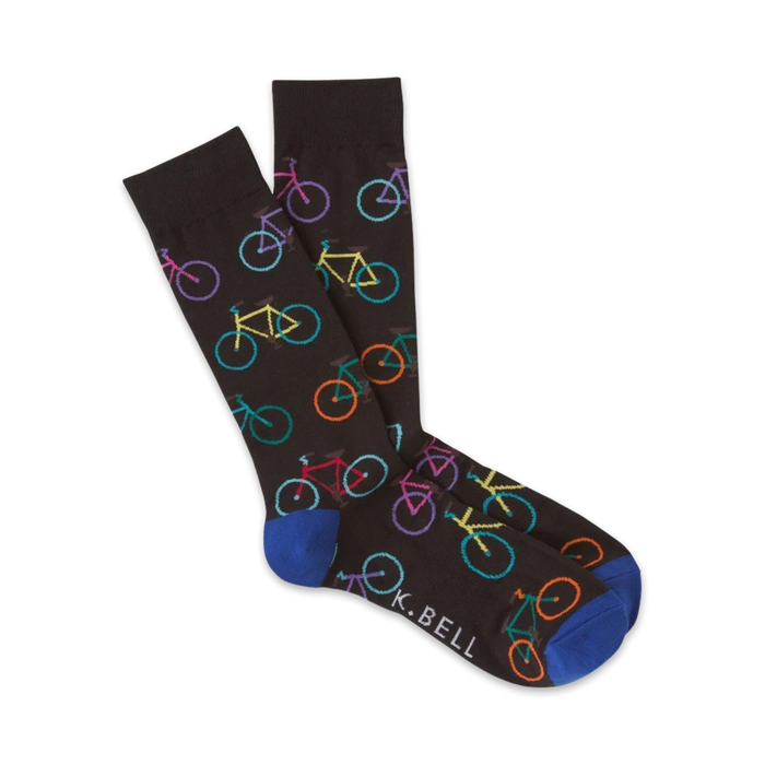 black crew socks with pattern of colorful bicycles.  
