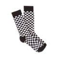 Pair of black and white checkerboard crew socks. Classic design, comfortable fit.