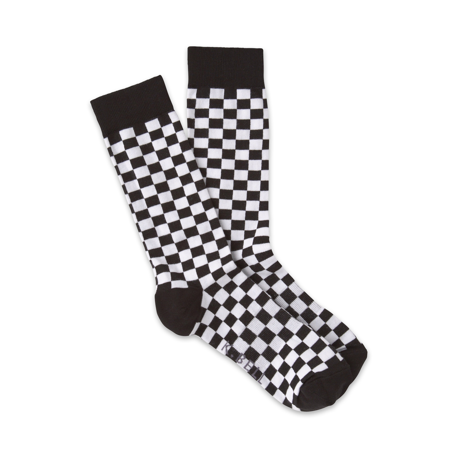 Pair of black and white checkerboard crew socks. Classic design, comfortable fit.