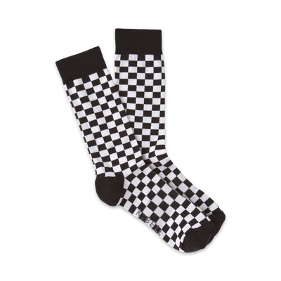 men's checkerboard crew socks: basic black and white checkerboard pattern in a comfortable crew length.  