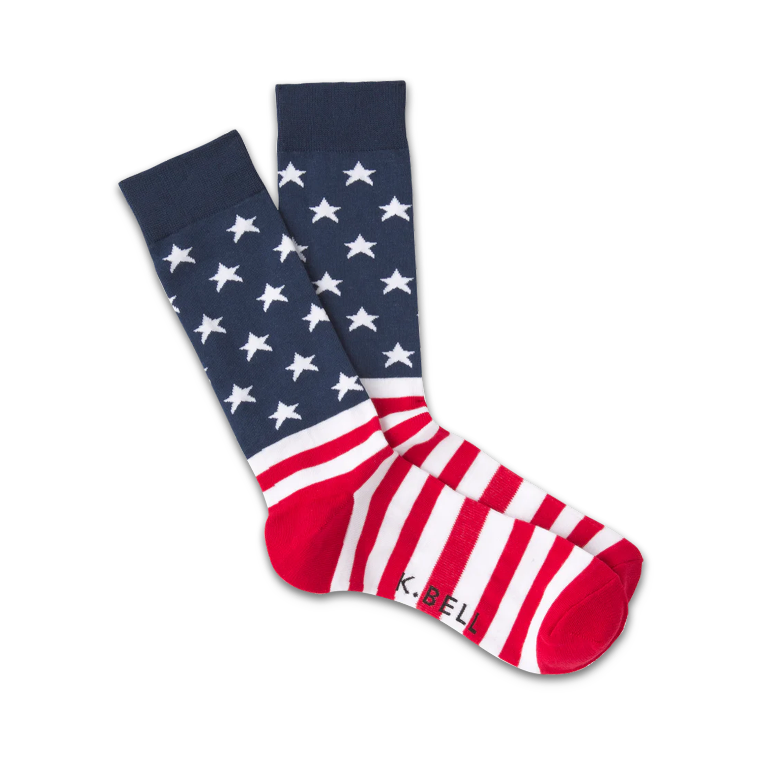 Pair of crew socks in red, white, and navy blue.  The socks feature a design of white stars on navy blue at the top and red and white stripes at the bottom, reminiscent of the American flag.