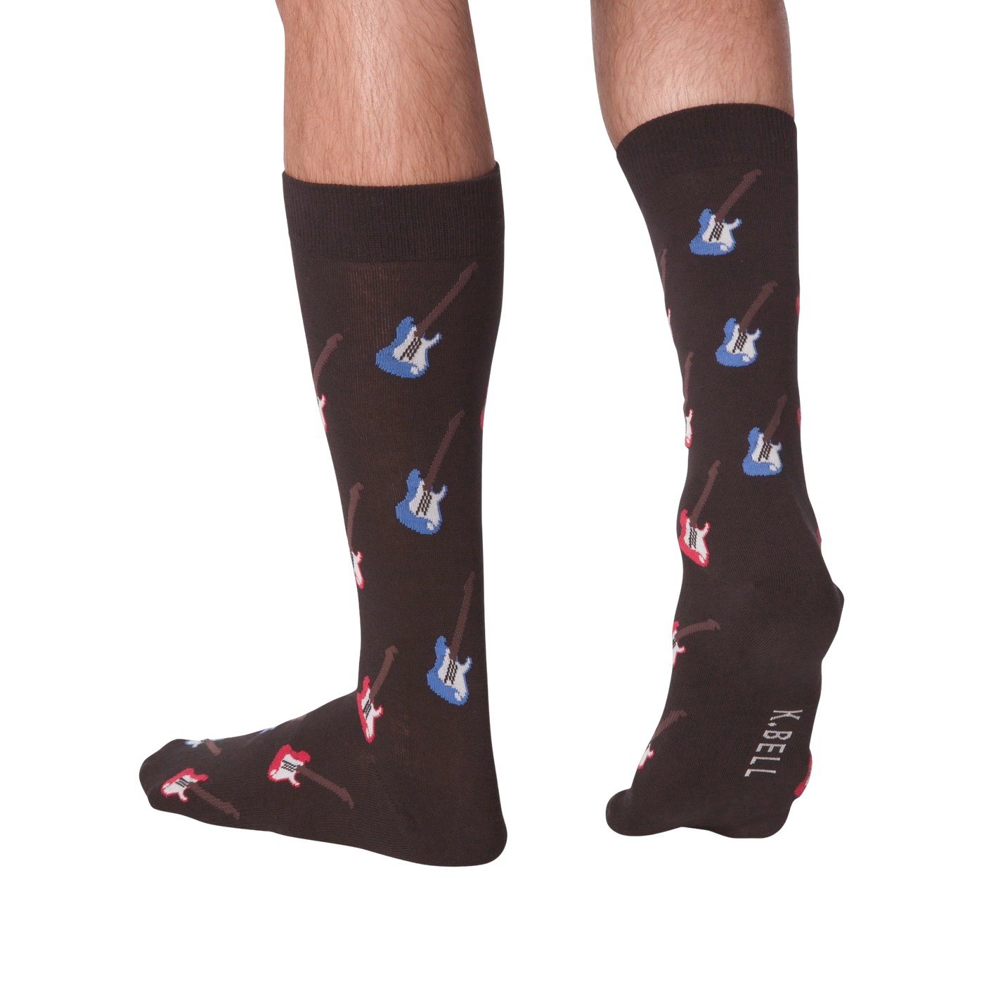Lifestyle shot: Men's legs wearing dark brown crew socks with red and blue electric guitars.  Socks are shown from the front and back.