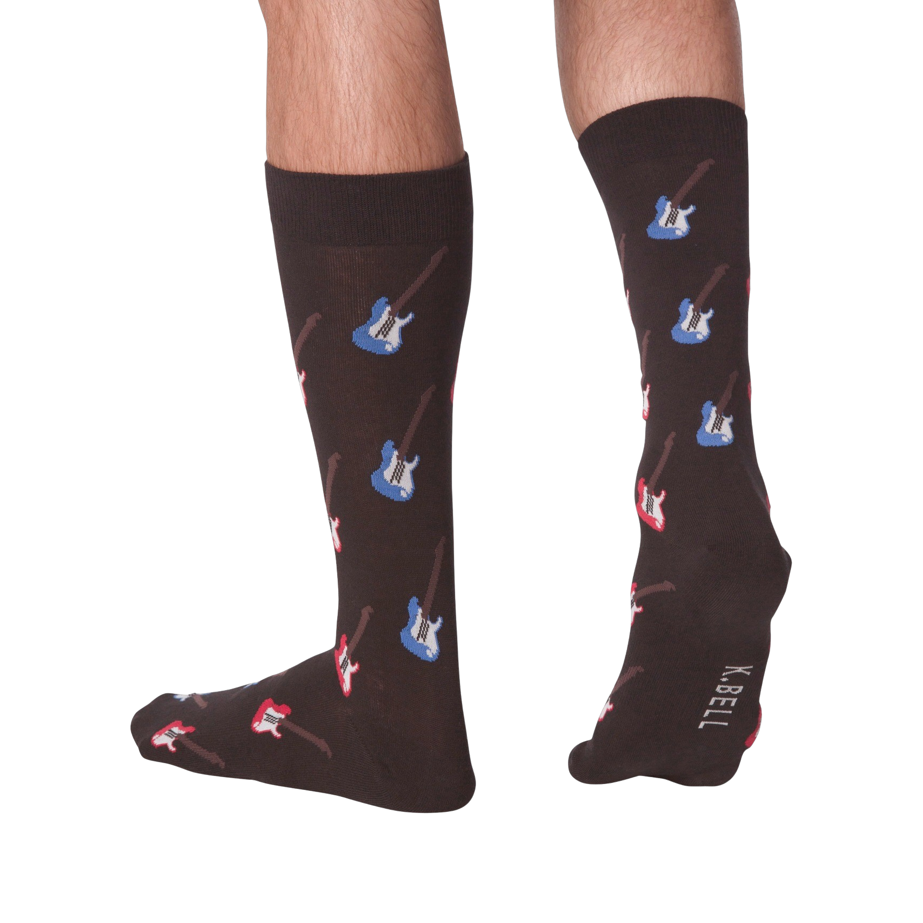 Lifestyle shot: Men's legs wearing dark brown crew socks with red and blue electric guitars.  Socks are shown from the front and back.