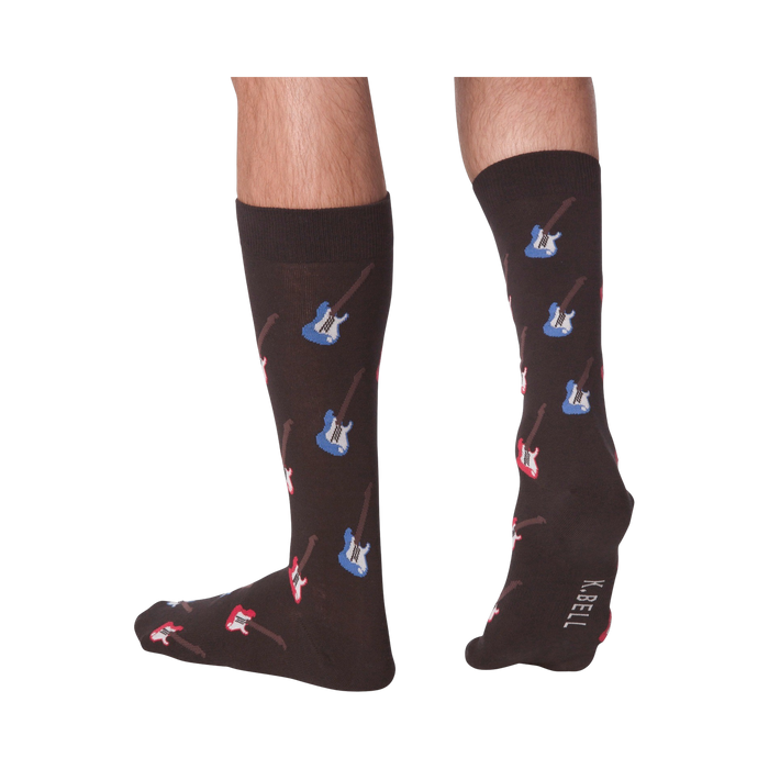 Lifestyle shot: Men's legs wearing dark brown crew socks with red and blue electric guitars.  Socks are shown from the front and back.