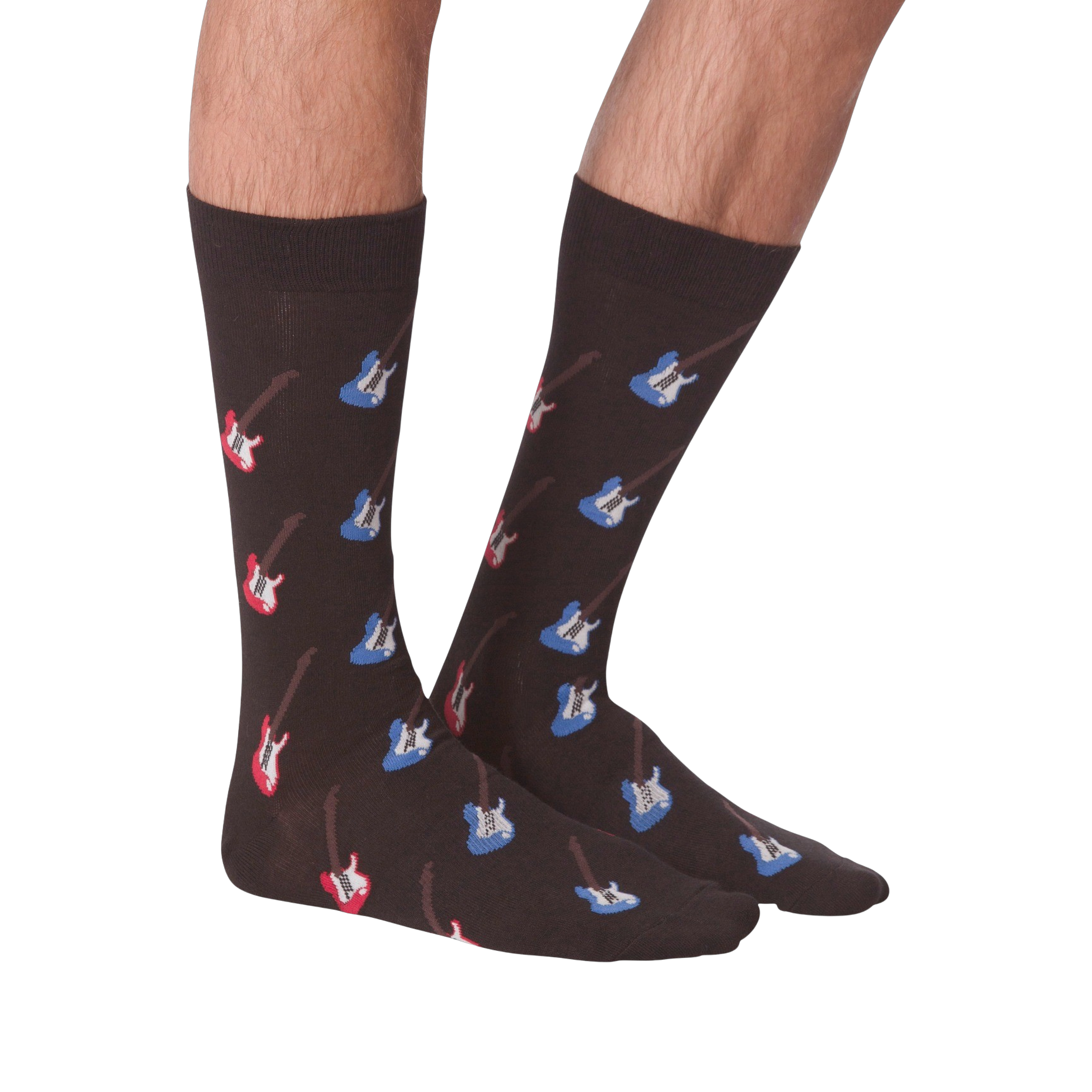 Close-up studio shot of two electric guitar socks on a black background, slightly angled to show the design details.