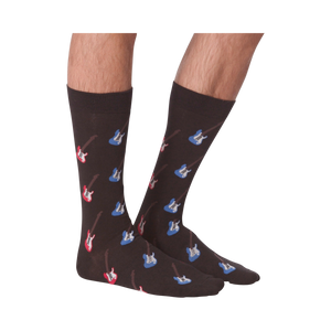 Close-up studio shot of two electric guitar socks on a black background, slightly angled to show the design details.