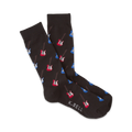 Pair of dark brown crew socks with a repeating pattern of red and blue electric guitars.