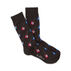 Pair of dark brown crew socks with a repeating pattern of red and blue electric guitars.