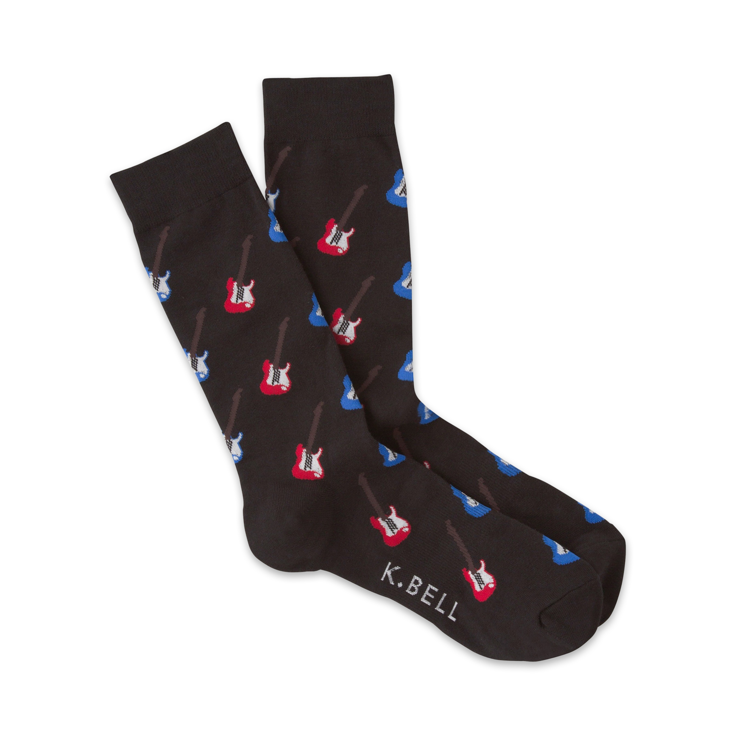 Pair of dark brown crew socks with a repeating pattern of red and blue electric guitars.