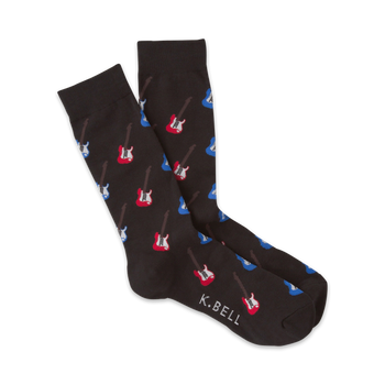 brown crew socks with red/blue electric guitar pattern. mens.   