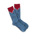 Pair of crew socks; blue with a red shark mouth at the top and simple shark face design. 