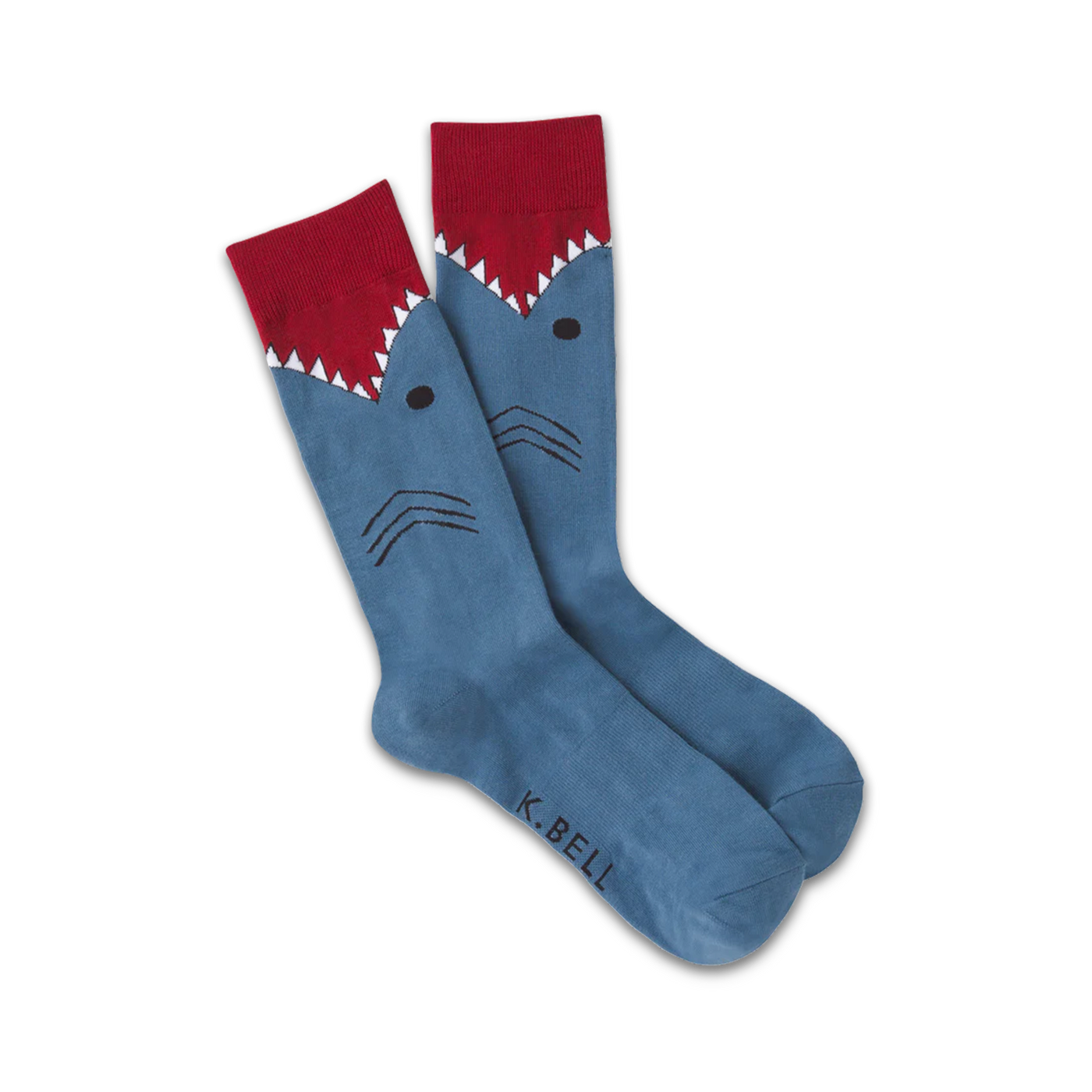 Pair of crew socks; blue with a red shark mouth at the top and simple shark face design. 