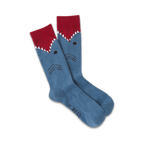 Pair of crew socks; blue with a red shark mouth at the top and simple shark face design. 