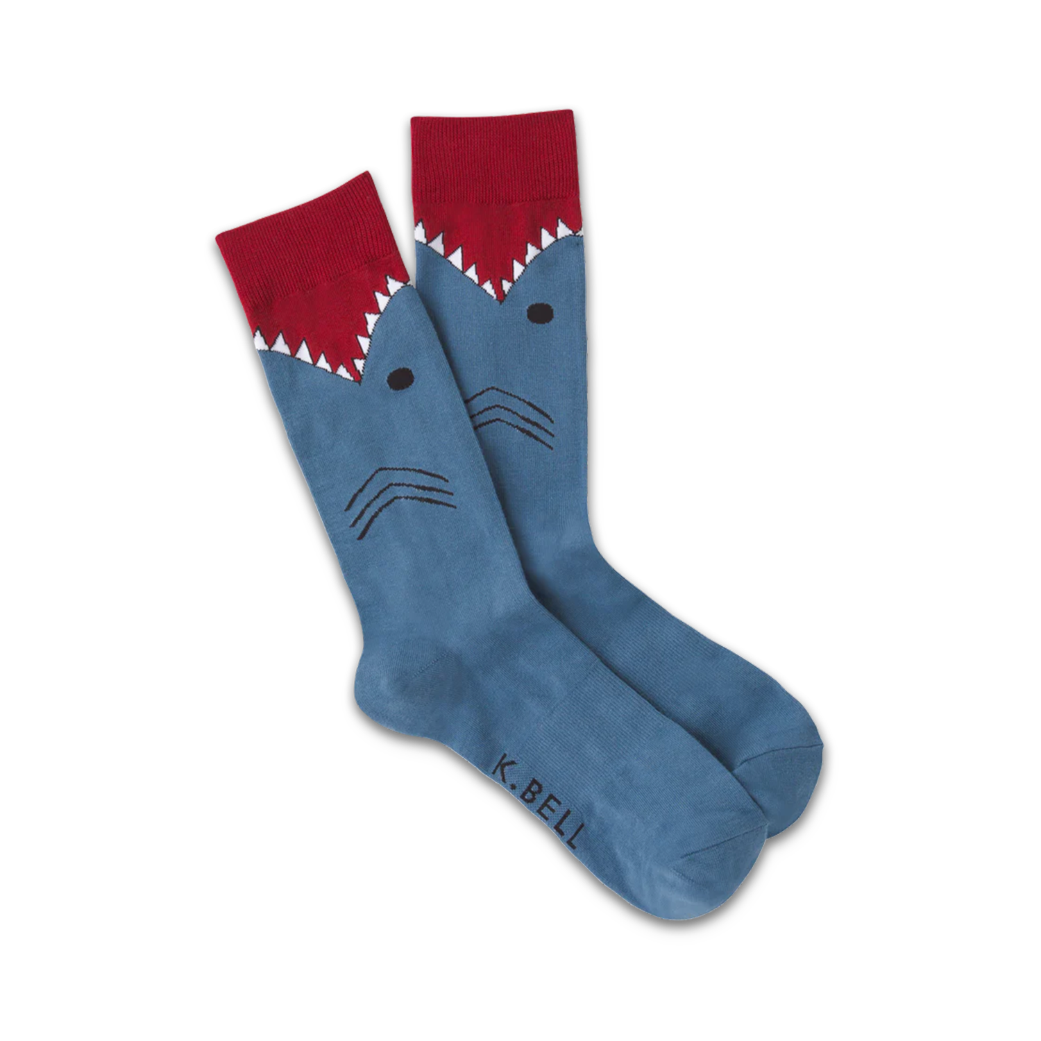 Pair of crew socks; blue with a red shark mouth at the top and simple shark face design. 