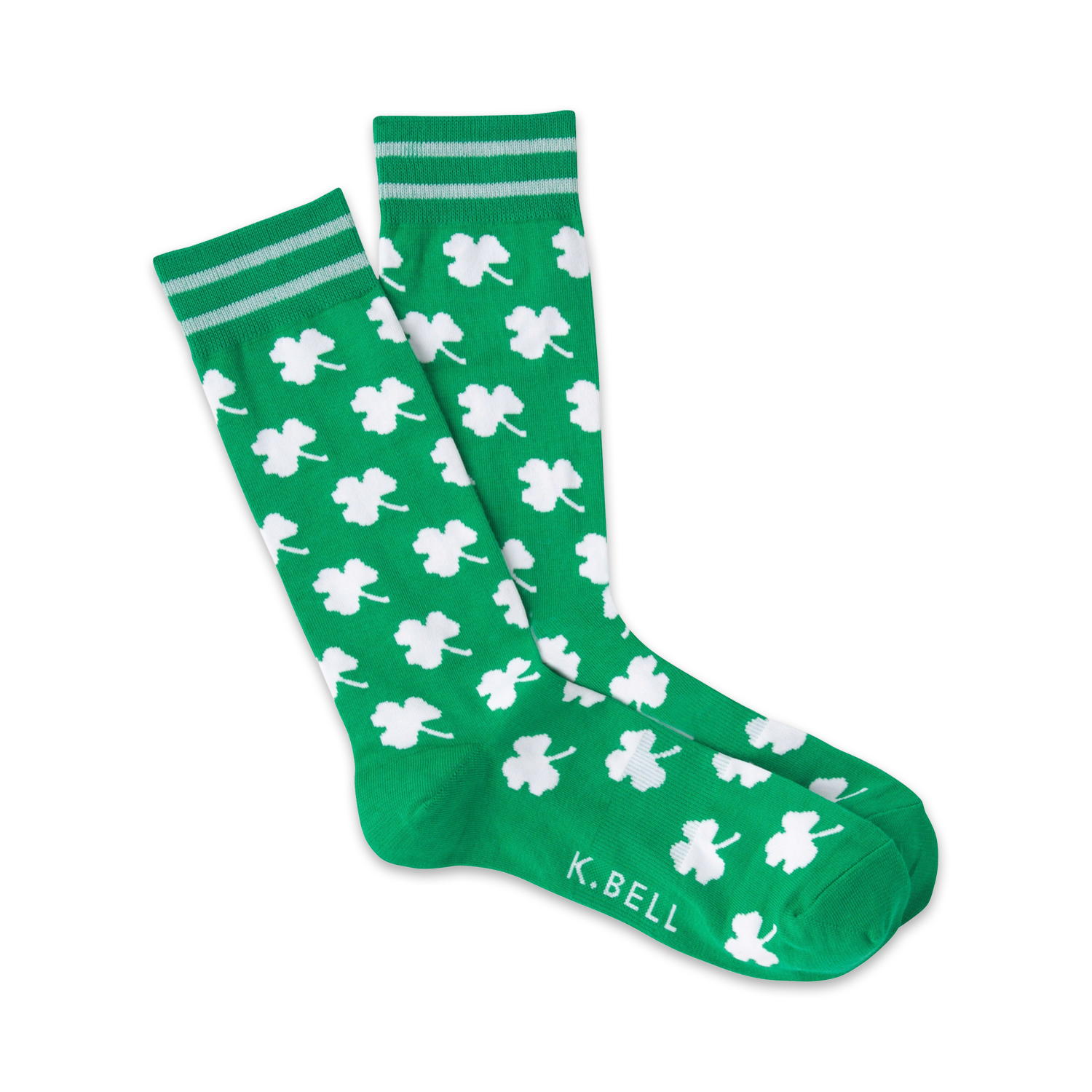 Pair of green crew socks with a white shamrock pattern and light grey stripes at the top. The socks have a 'K.BELL' logo.