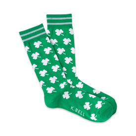 men's green crew-length socks with white four-leaf clover pattern.   