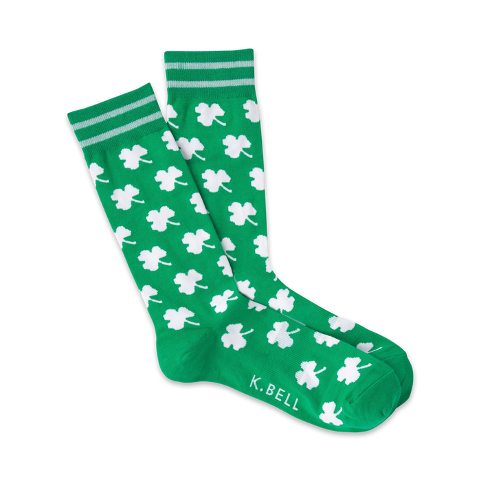 men's green crew-length socks with white four-leaf clover pattern.    }}