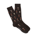 Pair of dark brown crew socks featuring a repeating pattern of beer glasses in varying shades of brown and beige.