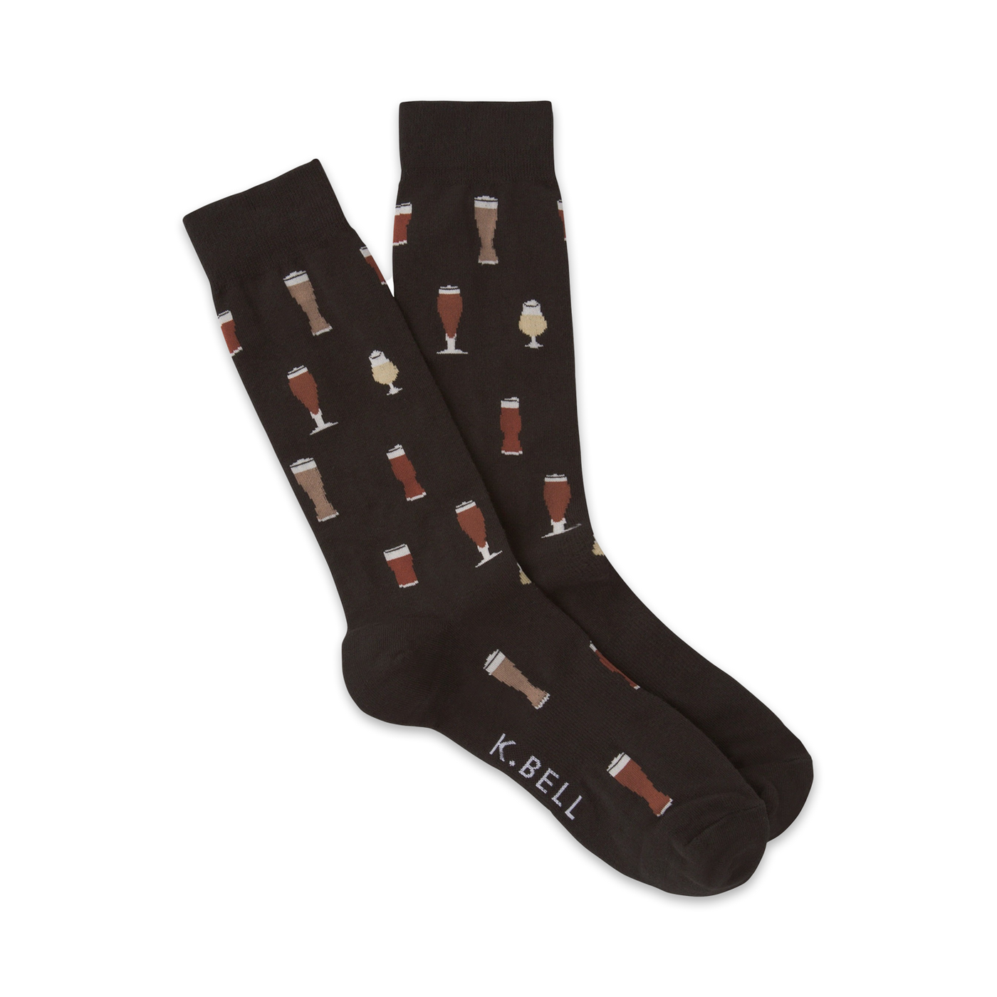 Pair of dark brown crew socks featuring a repeating pattern of beer glasses in varying shades of brown and beige.
