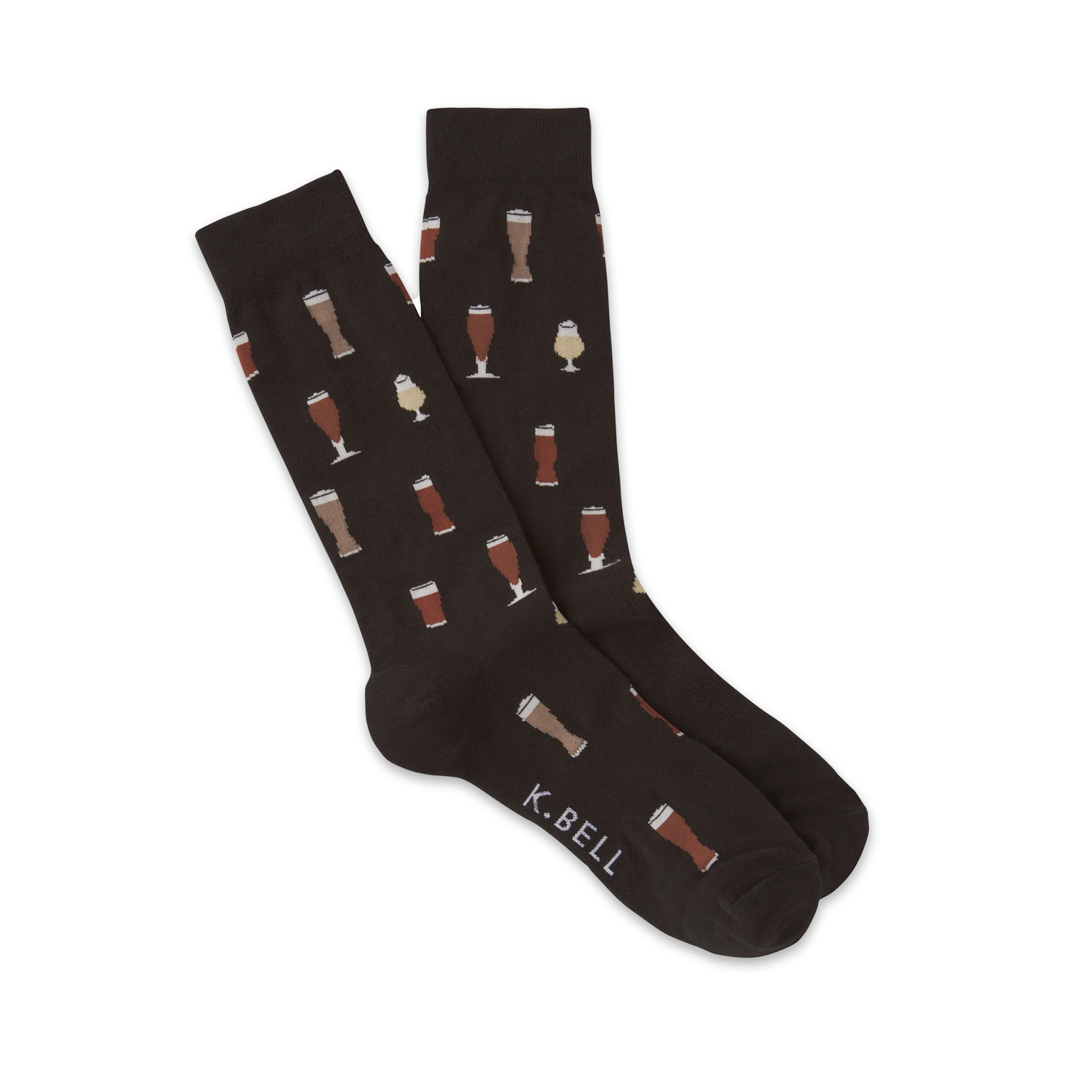 Pair of dark brown crew socks featuring a repeating pattern of beer glasses in varying shades of brown and beige.