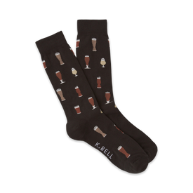 mens crew socks with beer glass pattern in dark brown  